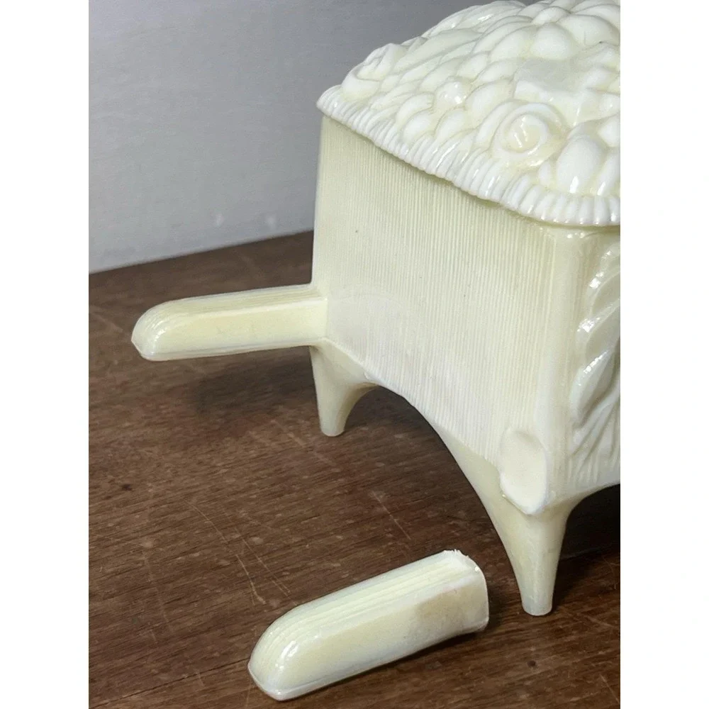 As Is-clean Break-chipped Lid-uranium Glass Custard Glow Wheelbarrow Candy Dish